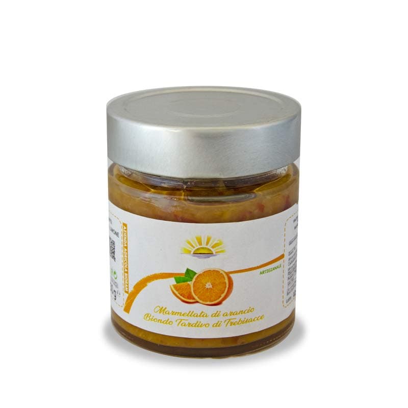 Vasetto di marmellata di arance Biondo Tardivo con arance fresche e cucchiaino